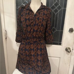 Geometric Patterned Dress - Navy and Brown